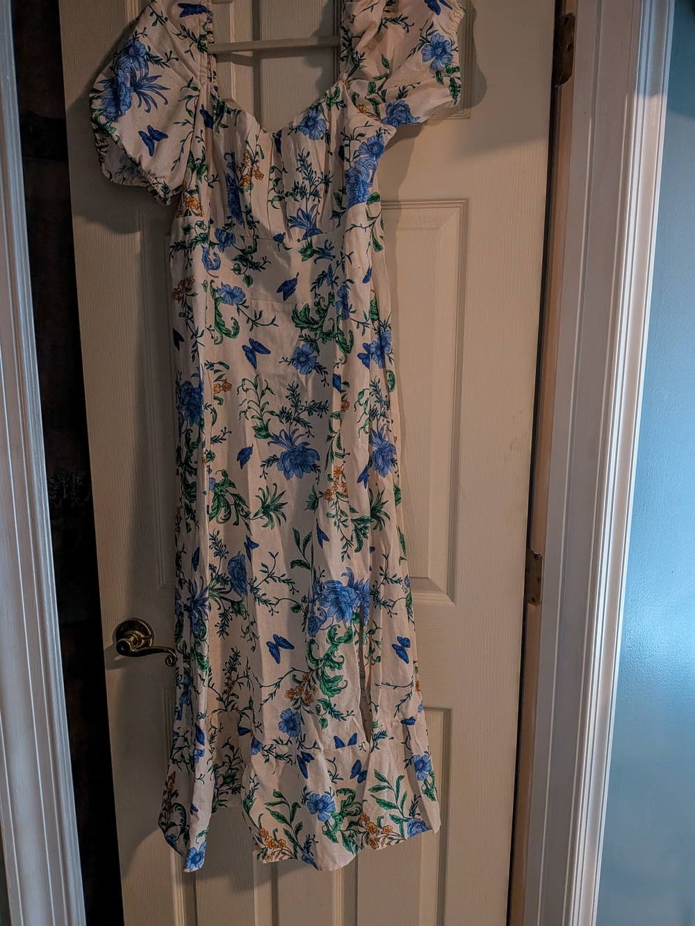 London Times White Midi Dress with Blue & Green Floral Print